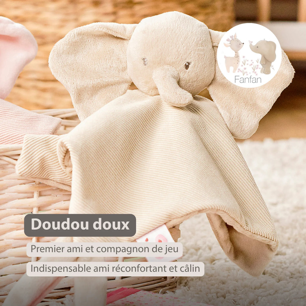 Couverture douce pour bébé FanFan - 27 x 27 cm - Éléphant Doudou - Sable