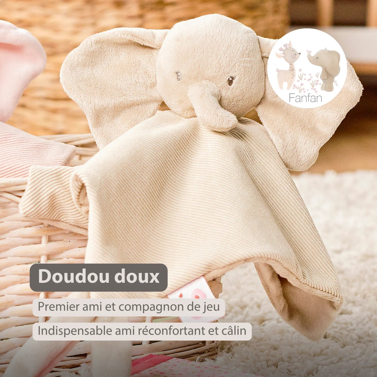 Couverture douce pour bébé FanFan - 27 x 27 cm - Éléphant Doudou - Sable