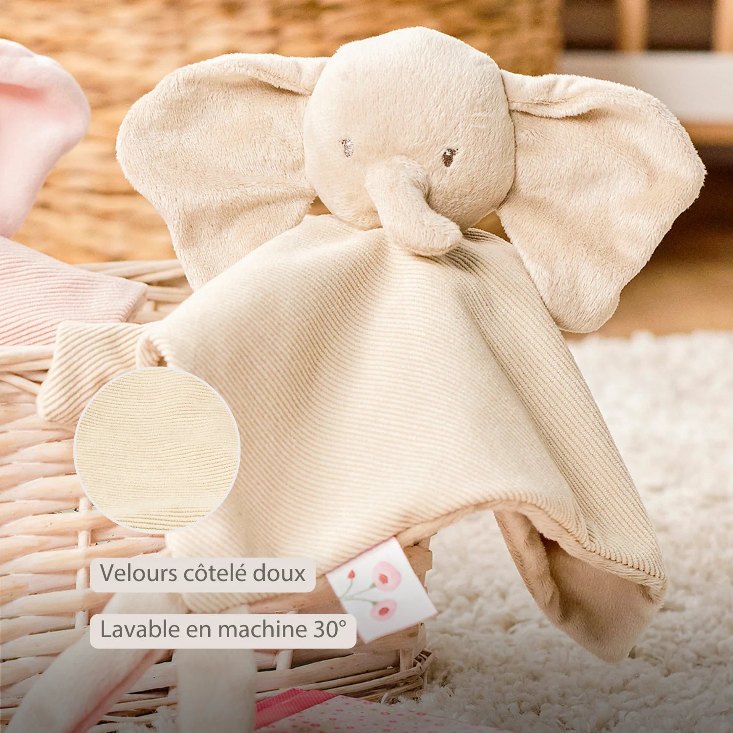 Couverture douce pour bébé FanFan - 27 x 27 cm - Éléphant Doudou - Sable