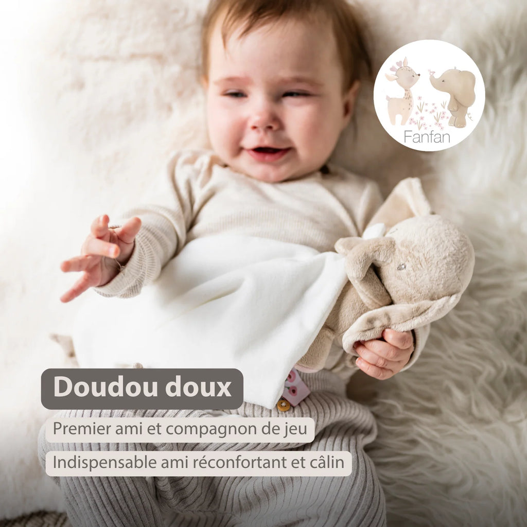 Peluche bébé FanFan avec Cuddle - 27 x 27 cm - Éléphant Doudou - Blanc cassé
