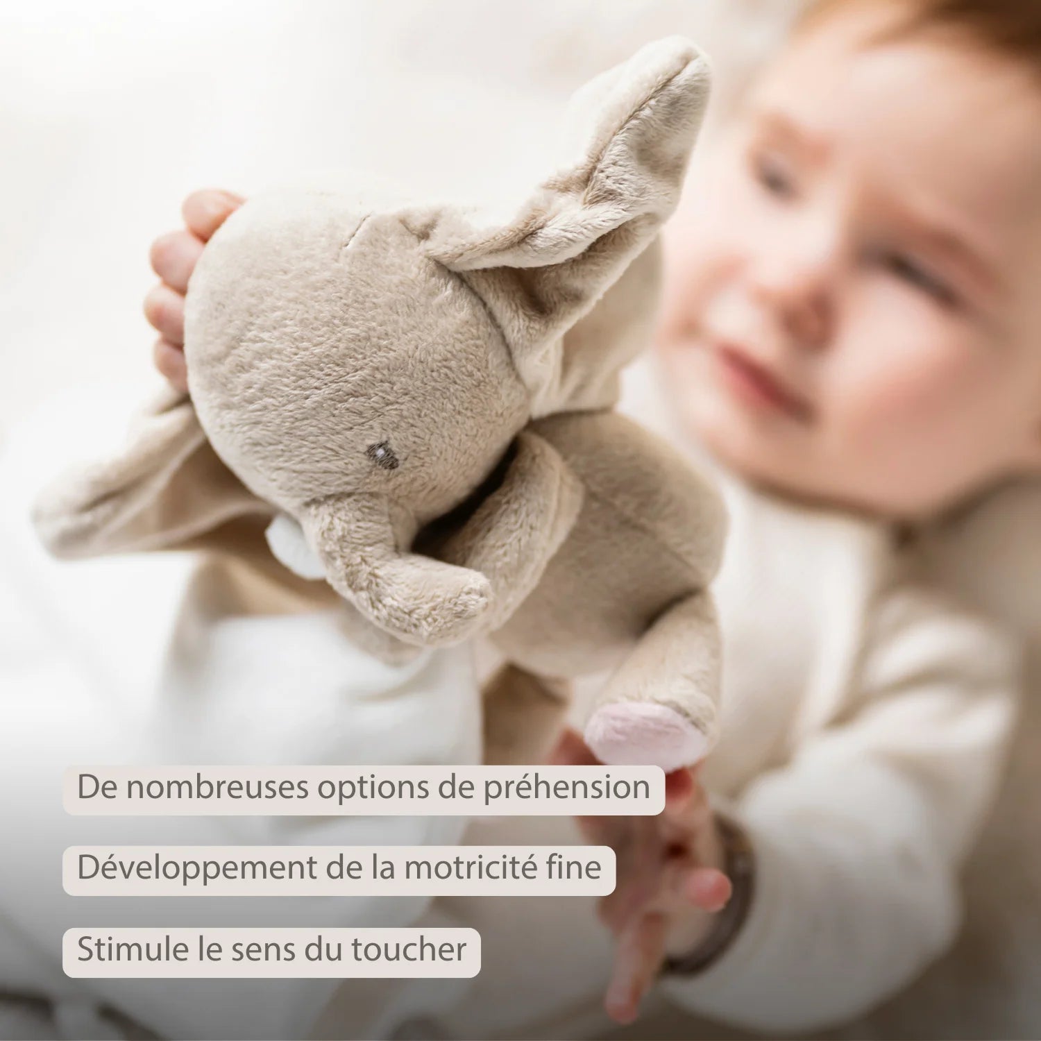 Peluche bébé FanFan avec Cuddle - 27 x 27 cm - Éléphant Doudou - Blanc cassé