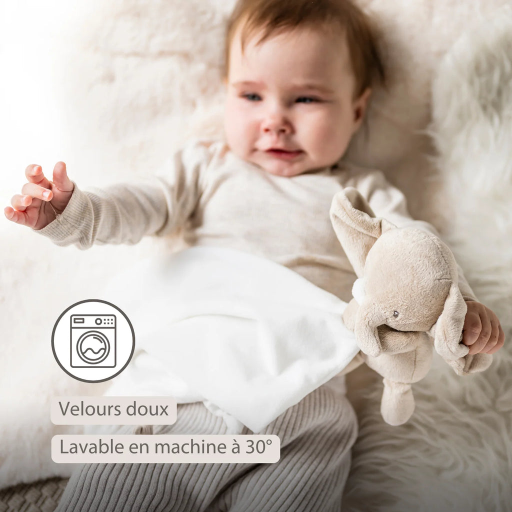 Peluche bébé FanFan avec Cuddle - 27 x 27 cm - Éléphant Doudou - Blanc cassé