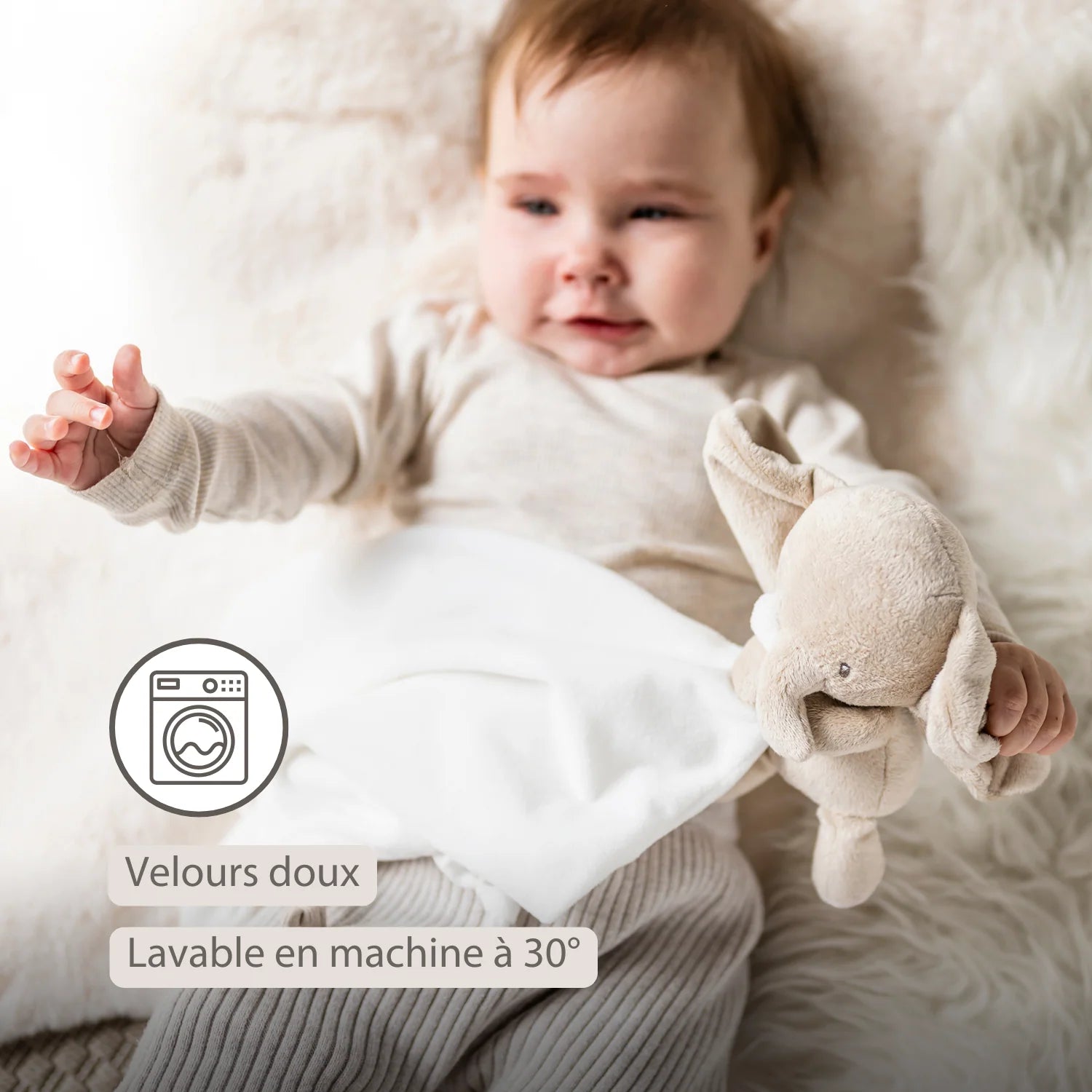 Peluche bébé FanFan avec Cuddle - 27 x 27 cm - Éléphant Doudou - Blanc cassé