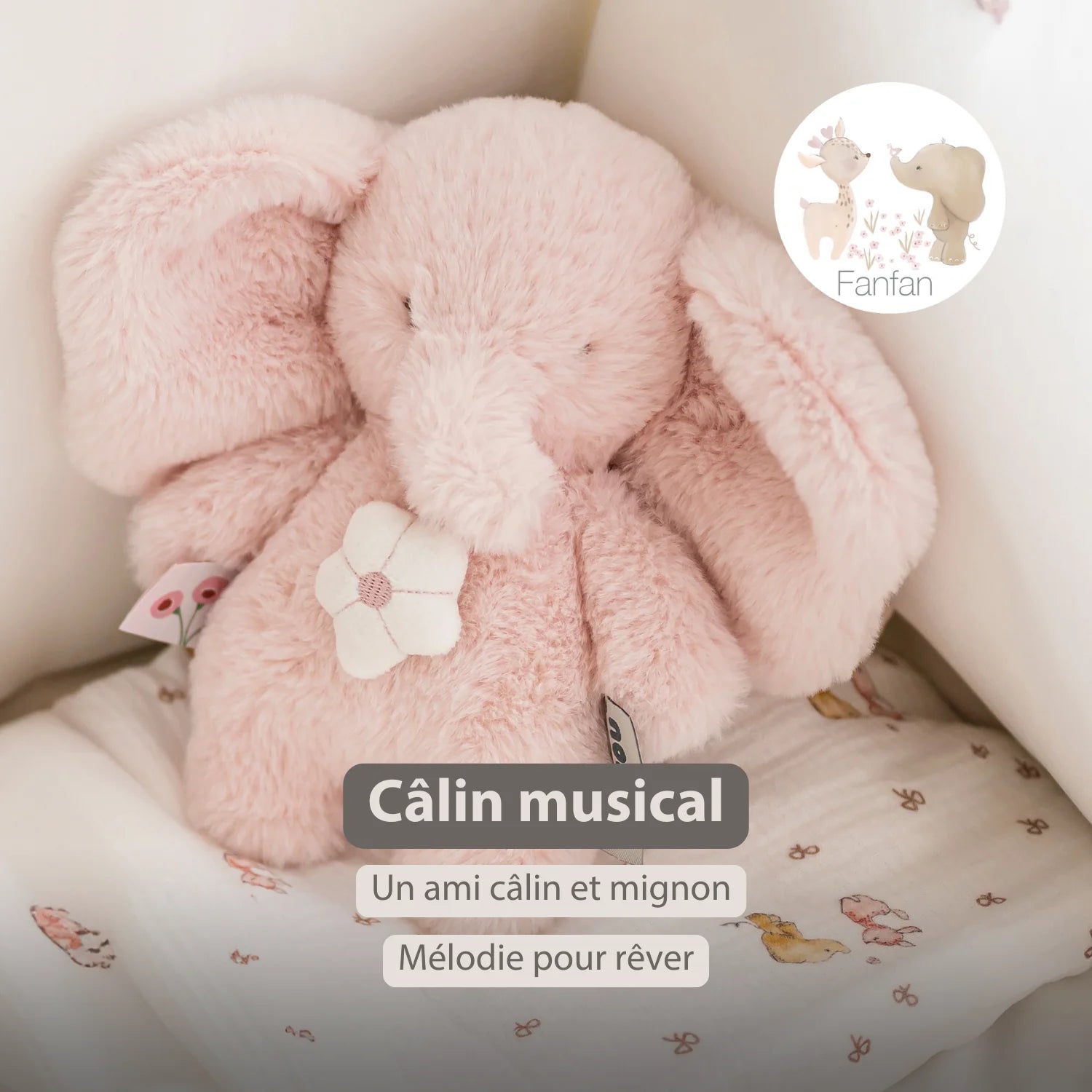 Éléphant musical en peluche FanFan – 20 cm – Peluche douce et musicale – Rose