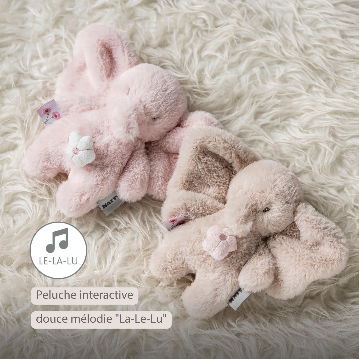 Éléphant musical en peluche FanFan – 20 cm – Peluche douce et musicale – Rose