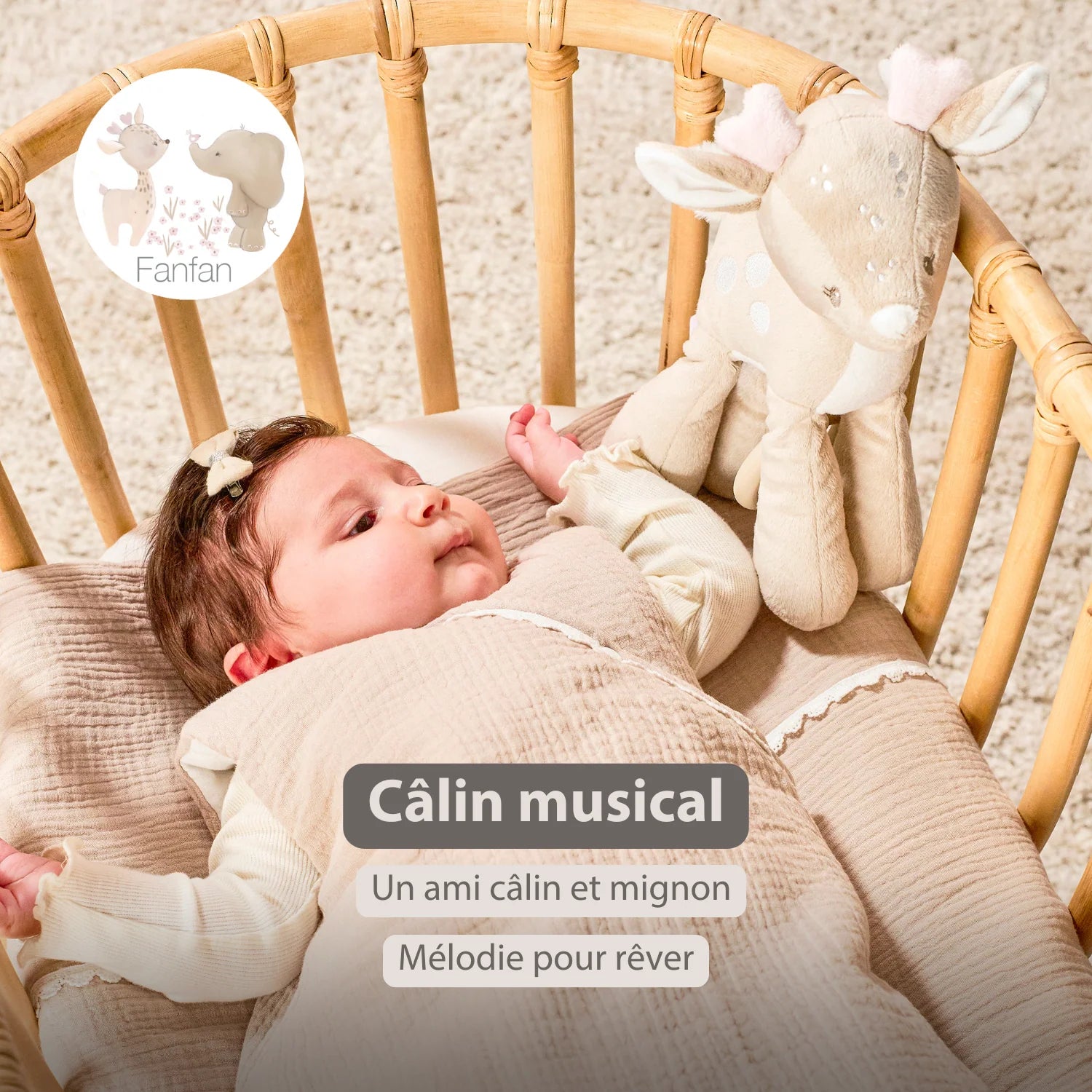 Peluche musicale FanFan petit cerf - 25 cm - Peluche avec musique - Beige