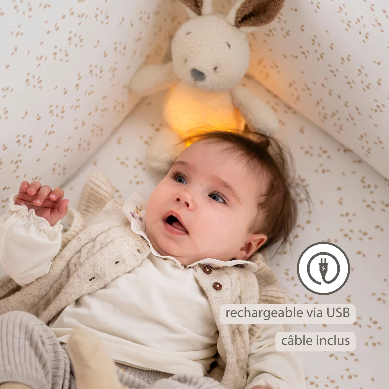 Veilleuse bébé lapin – 25 cm – Peluche douce bébé – Beige