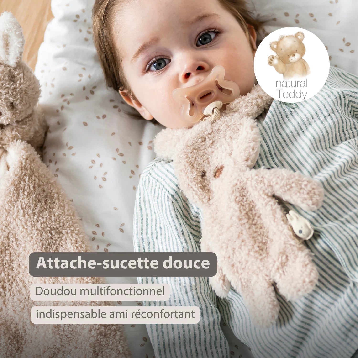 Attache-tétine doudou bébé – 26 cm – Lapin doudou porte-sucette