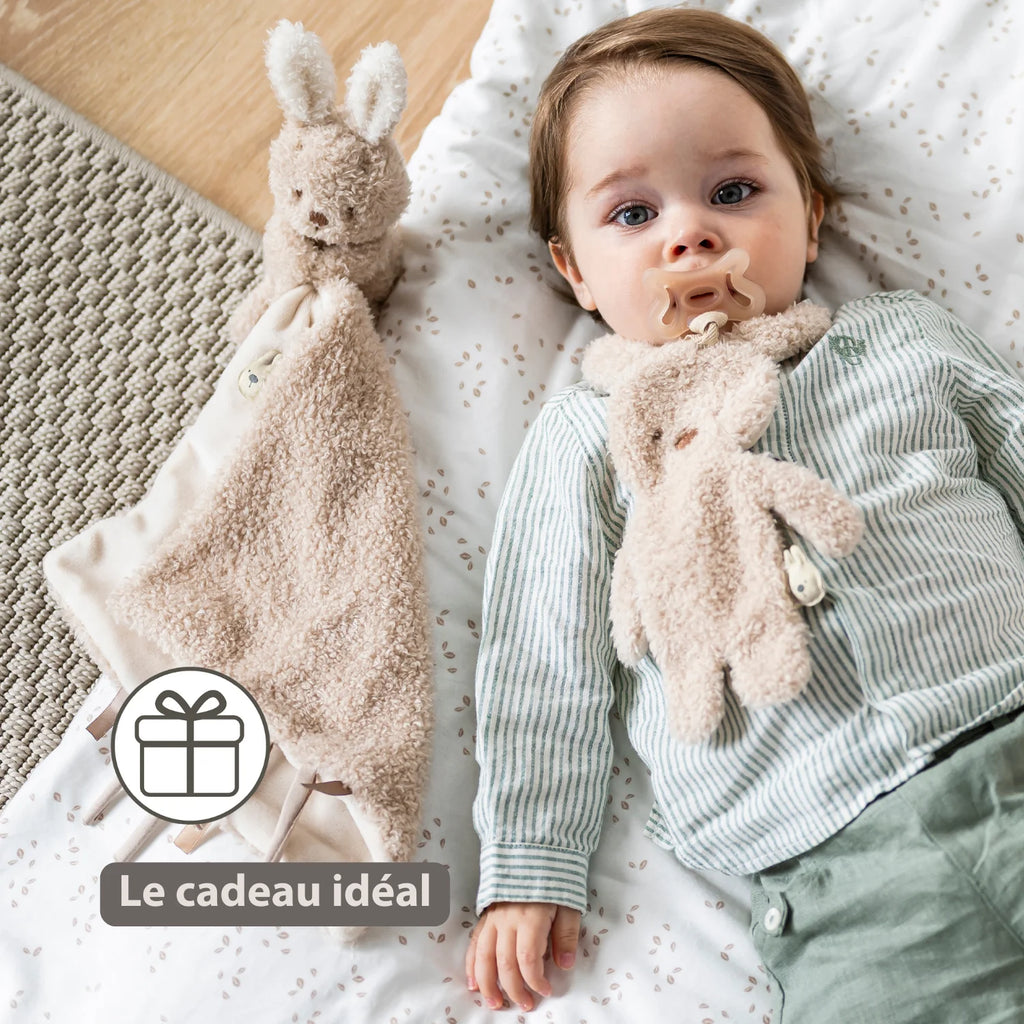 Attache-tétine doudou bébé – 26 cm – Lapin doudou porte-sucette