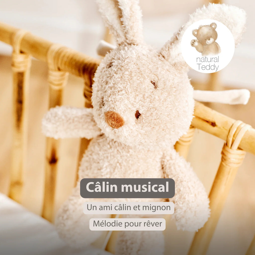 Peluche musicale bébé lapin – 25 cm – Peluche douce avec musique – Beige
