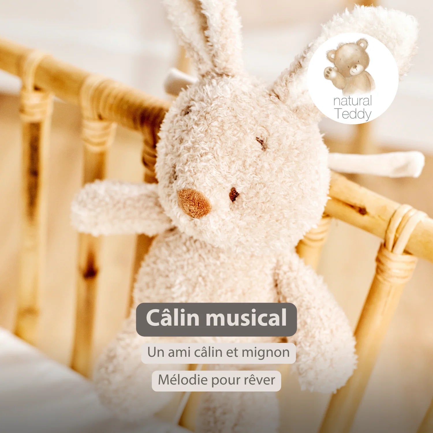 Peluche musicale bébé lapin – 25 cm – Peluche douce avec musique – Beige