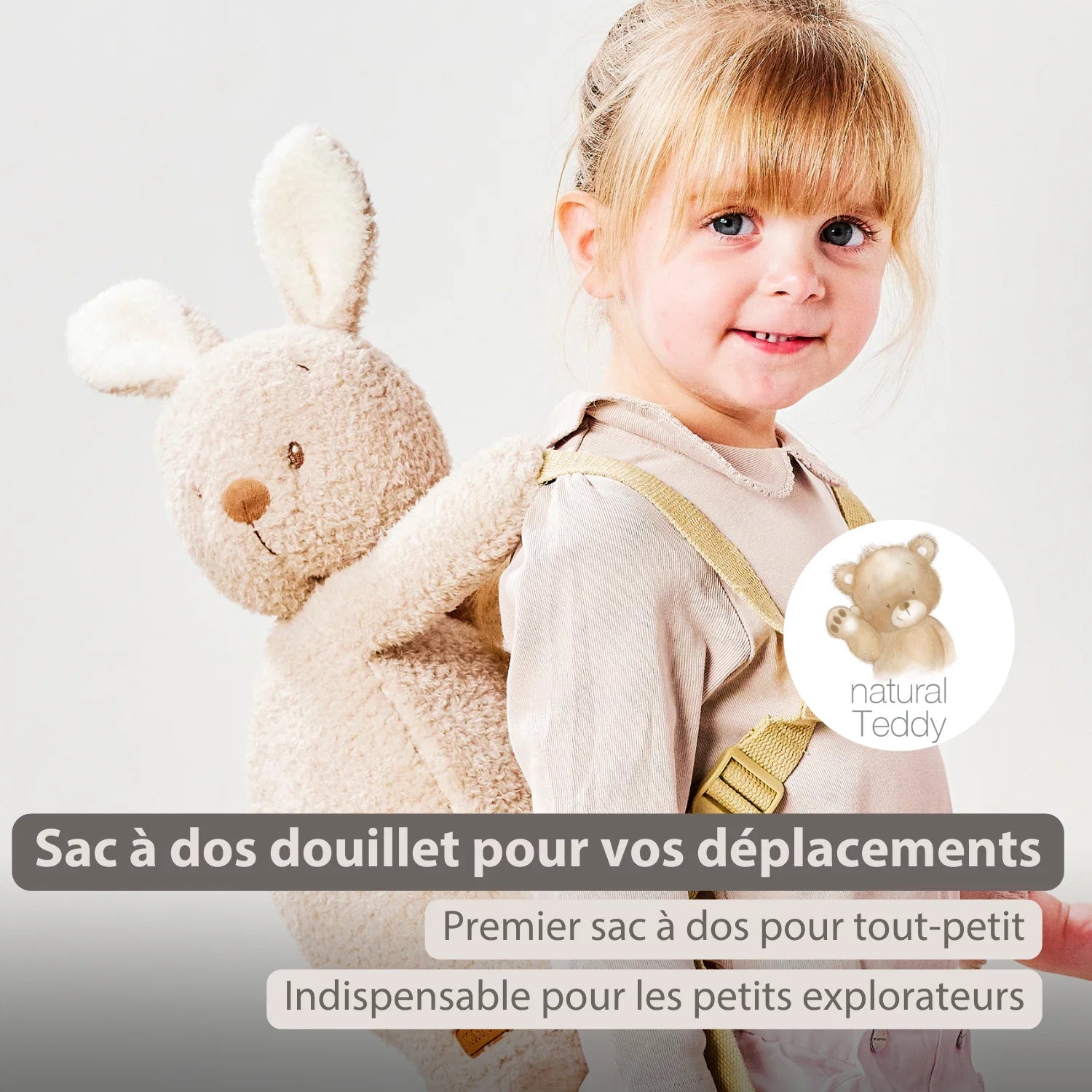 Sac à dos peluche – 30 cm – Cartable maternelle – Sac lapin doux – Écru
